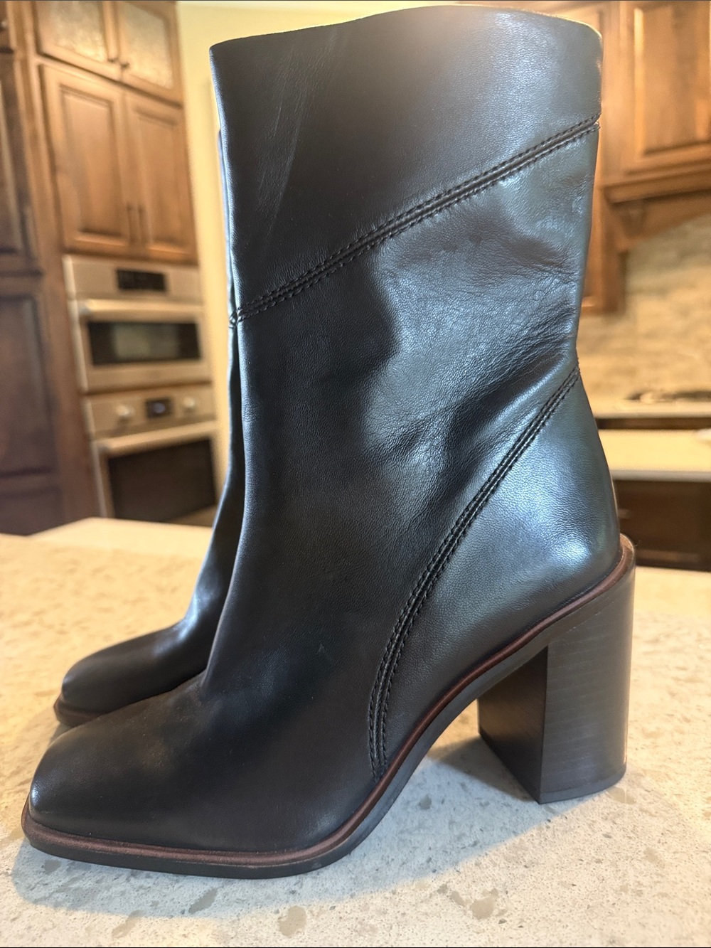 Franco Sarto Black Leather Block Heel Ankle Boots